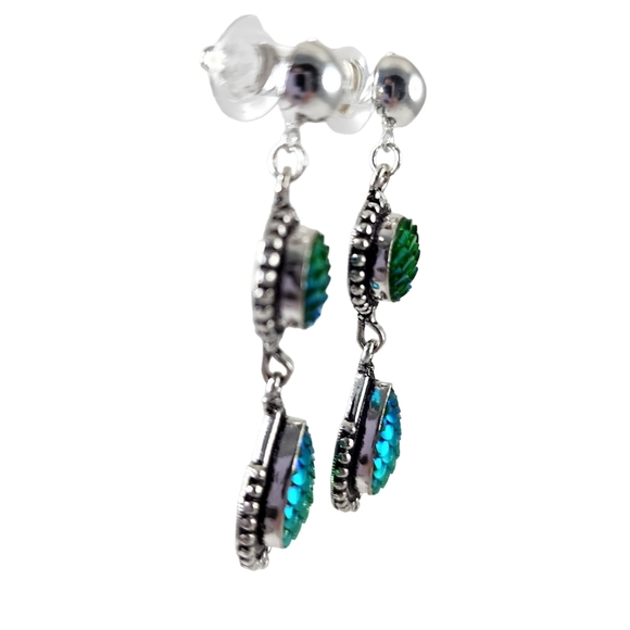 Mermaid dangle earrings green carved titanium set in silver overlay - Picture 2 of 7